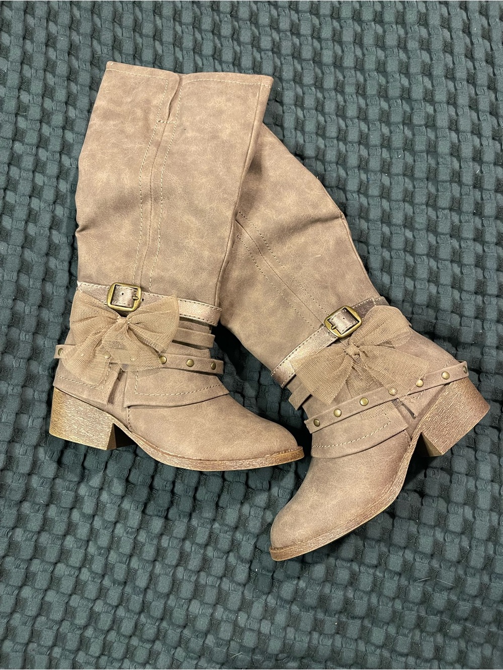 Girl’s Knee-High Buckle and Bow Riding Boots - Taupe